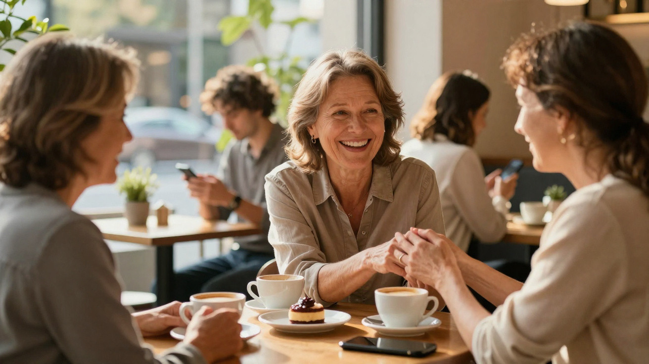 Três mulheres sentadas numa cafeteria, sorrindo e conversando, com chávenas de café e uma sobremesa na mesa.
