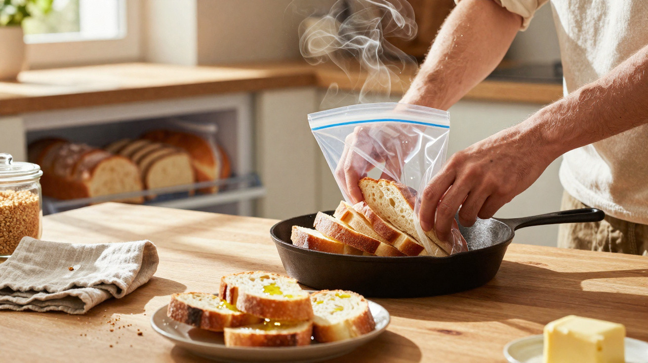 Pessoa a colocar fatias de pão quente numa frigideira numa cozinha iluminada por luz natural.