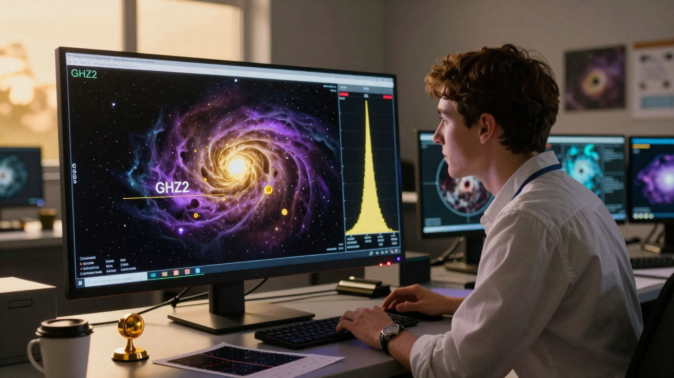 Jovem cientista observa numa tela grande uma simulação de uma galáxia em espiral com análise gráfica ao lado.