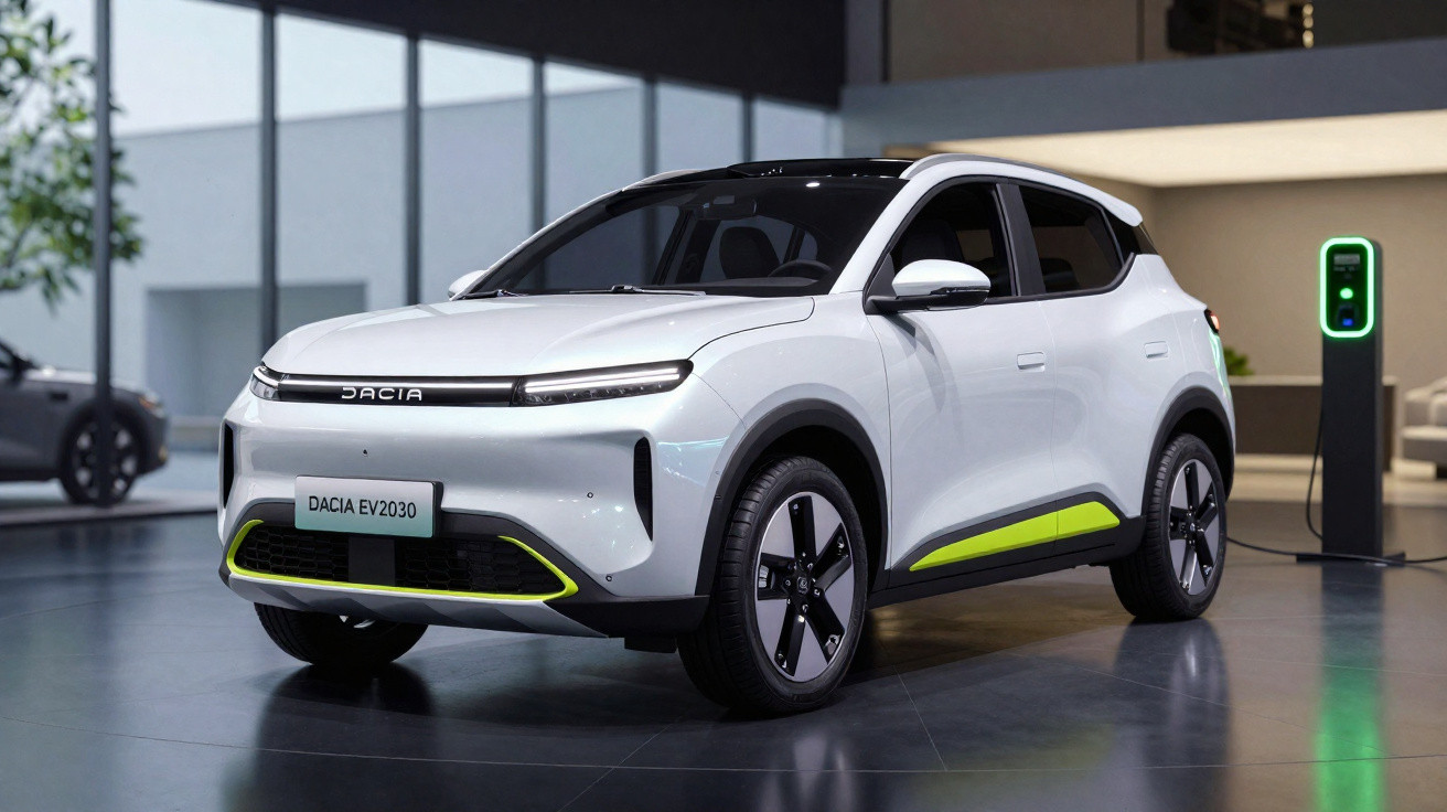 Carro elétrico branco Dacia EV2030 ligado a posto de recarga em ambiente interior moderno.