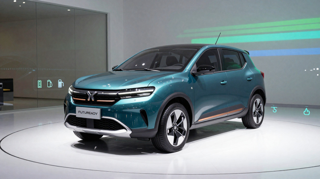 Automóvel elétrico verde com design moderno em exposição num salão automóvel minimalista.