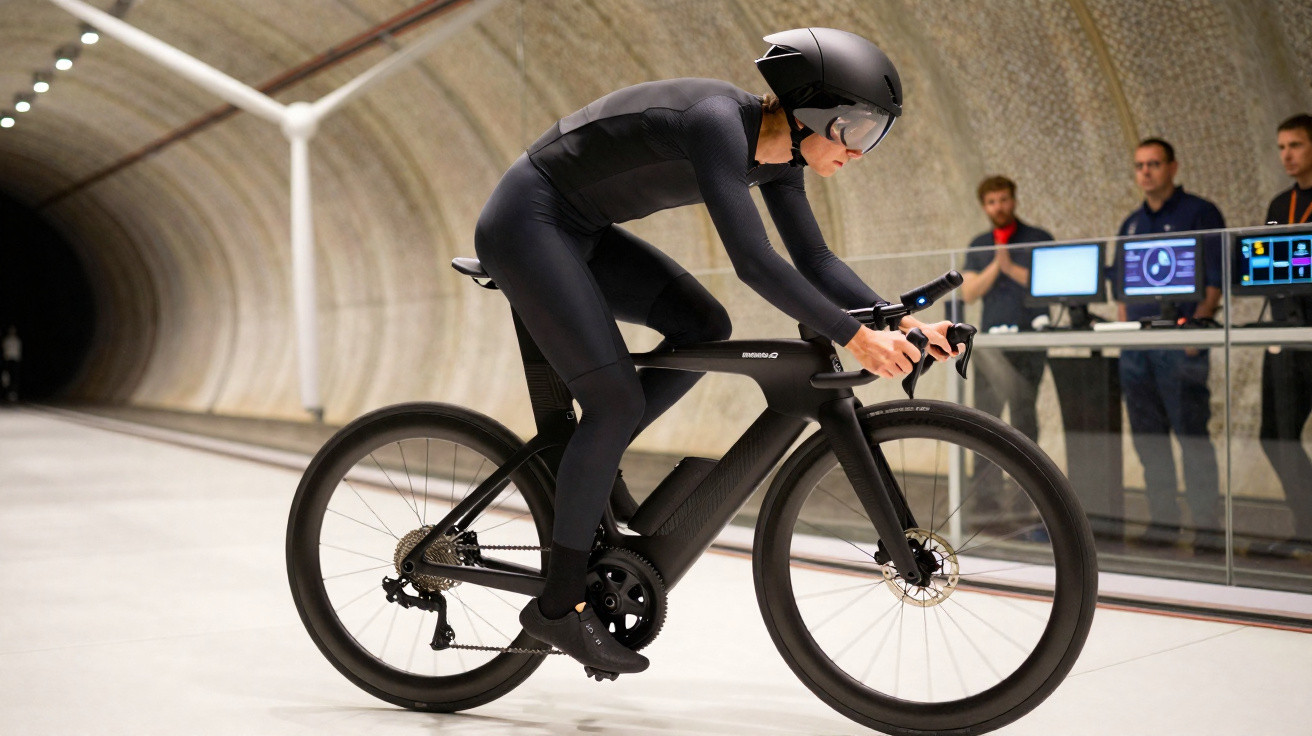 Atleta com fato aerodinâmico e capacete testa bicicleta preta numa pista coberta, enquanto técnicos observam.
