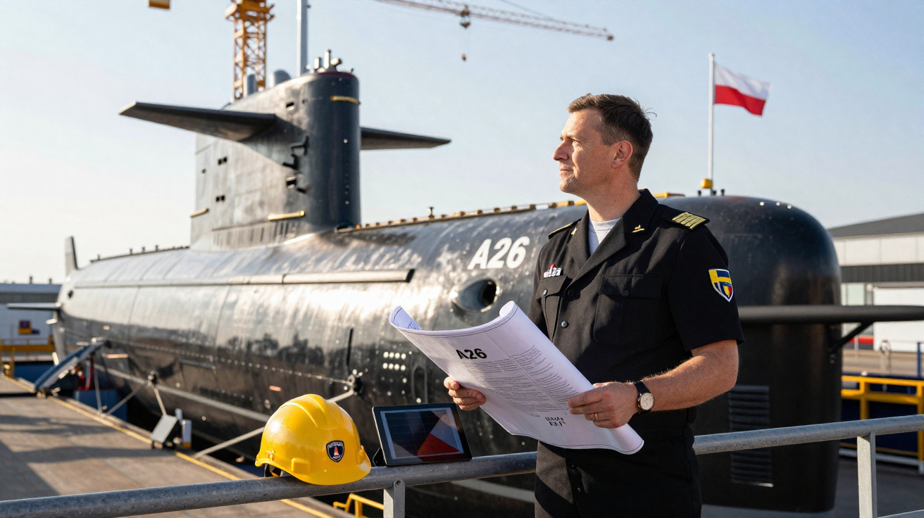 Homem de uniforme naval com planta na mão junto a submarino A26 atracado em doca com capacete amarelo e grua ao fundo.
