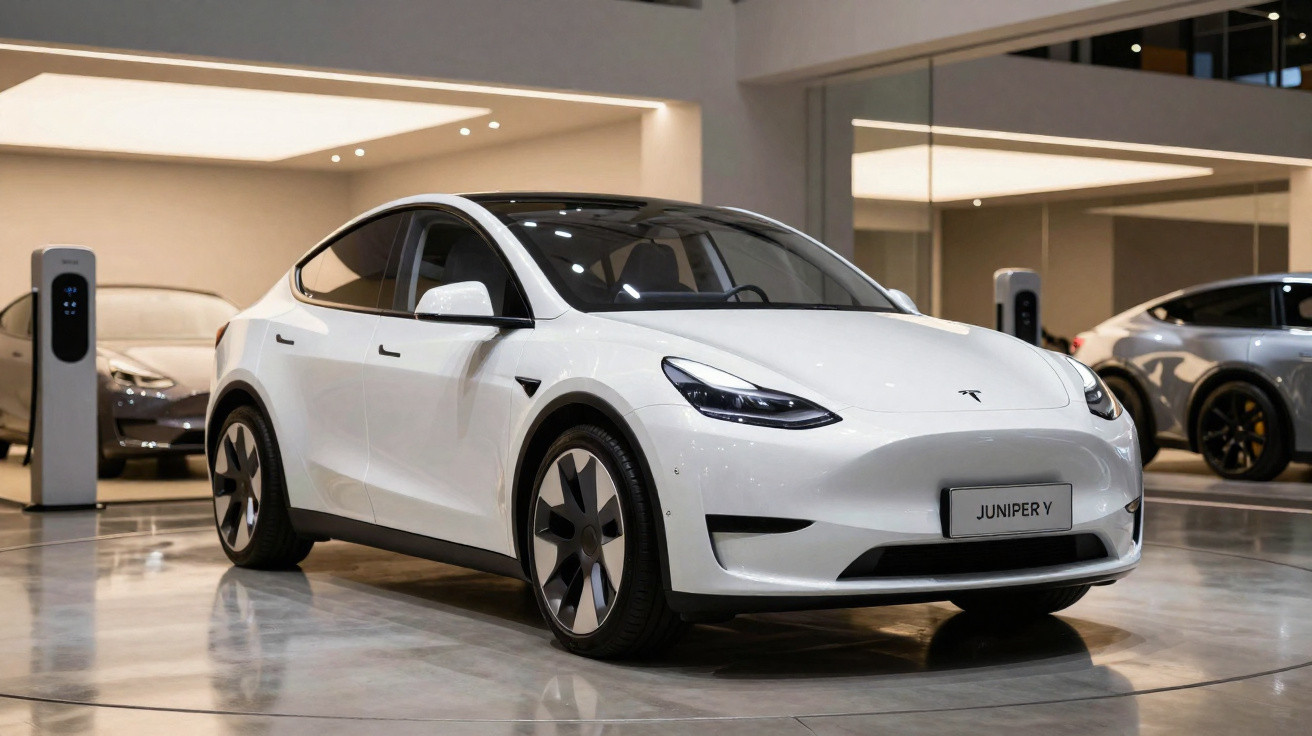 Carro elétrico branco Tesla Model Y estacionado numa sala de exposição moderna.