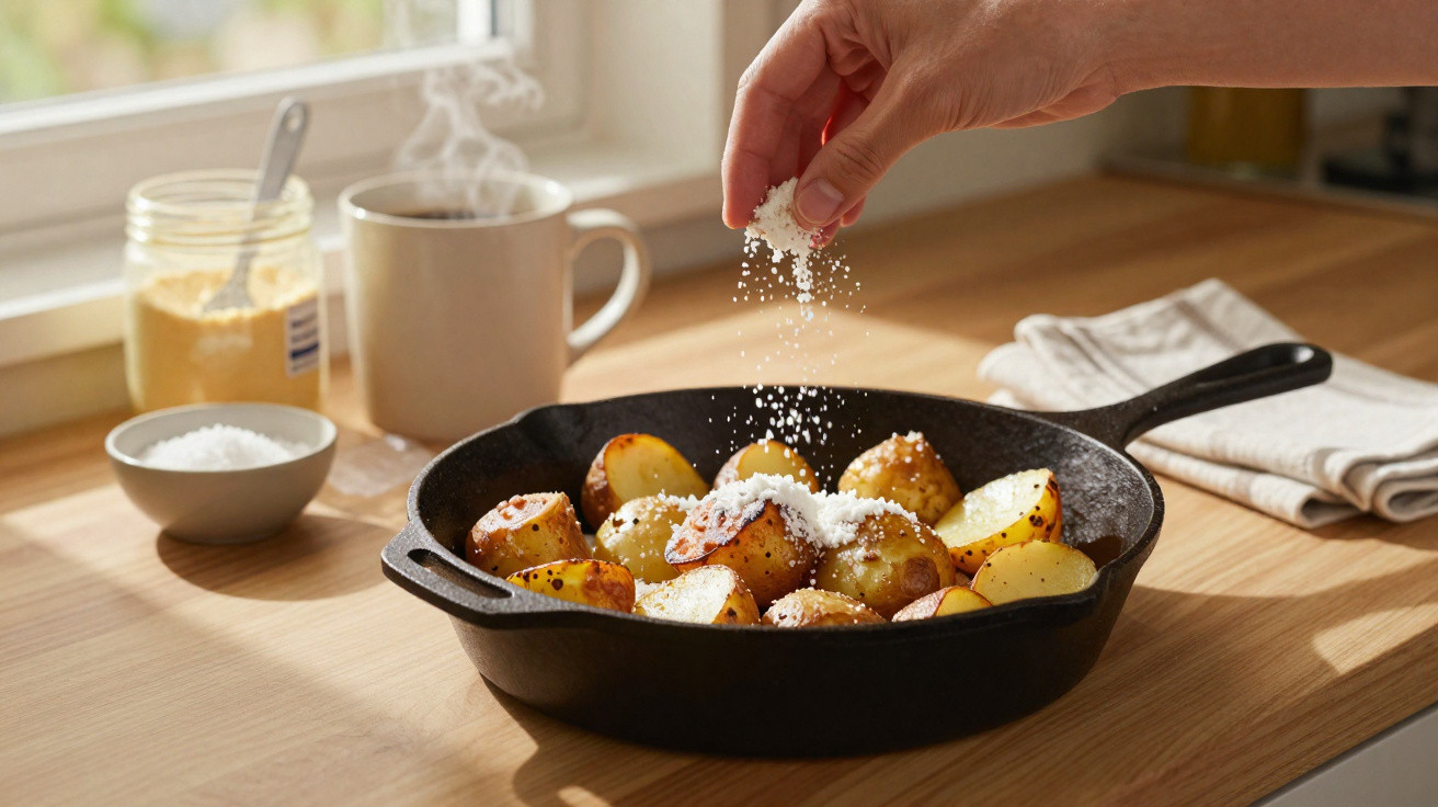 Mãos a salgar batatas assadas numa frigideira com chá quente e ingredientes na bancada de madeira.