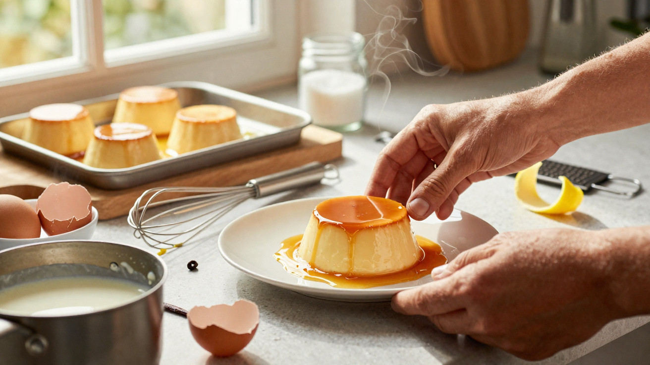 Mãos a servir pudim com caramelo num prato, com ingredientes e mais pudins ao fundo numa cozinha iluminada.
