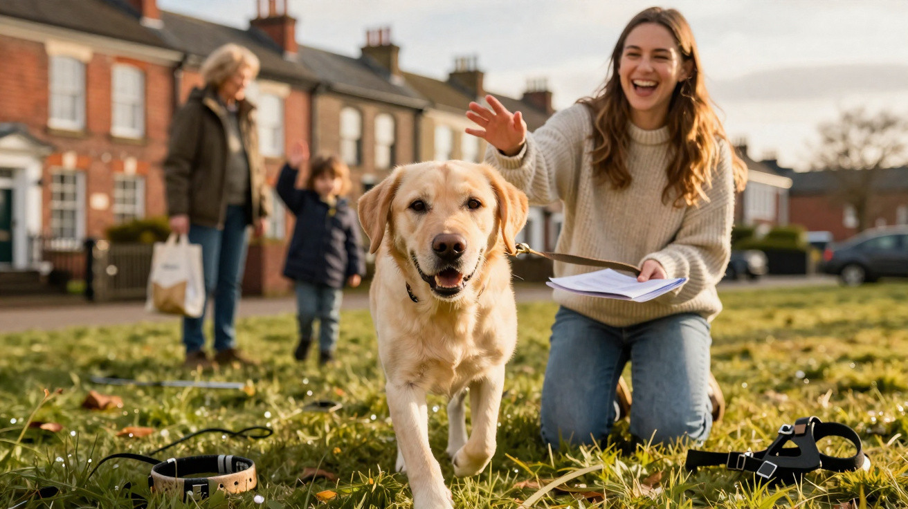 Pessoa sorridente agachada a chamar um cão labrador num parque com outras pessoas e casas ao fundo.