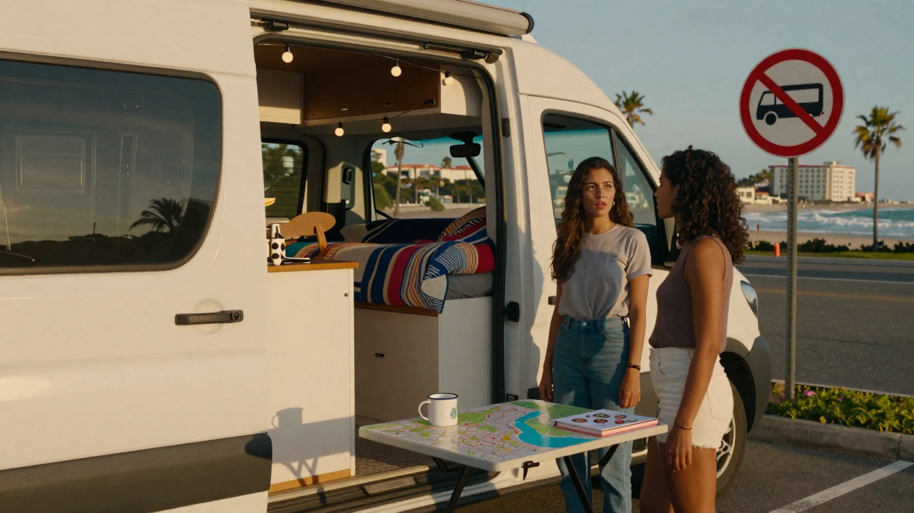Duas mulheres junto a uma carrinha de campismo branca estacionada perto da praia ao pôr do sol.