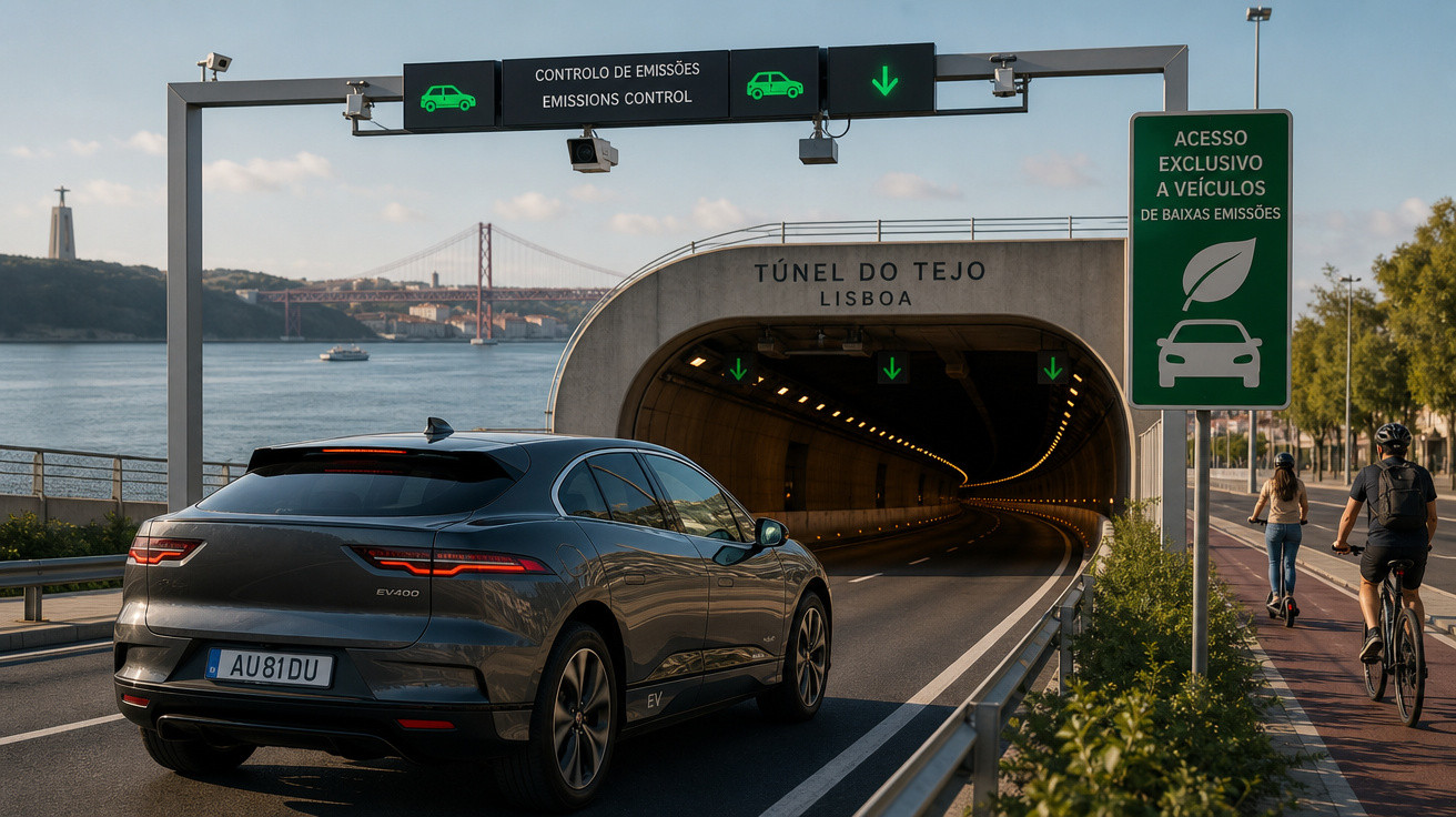 Carro elétrico entra no Túnel do Tejo em Lisboa, com sinalização de controlo de emissões e ciclistas na ciclovia ao lado.