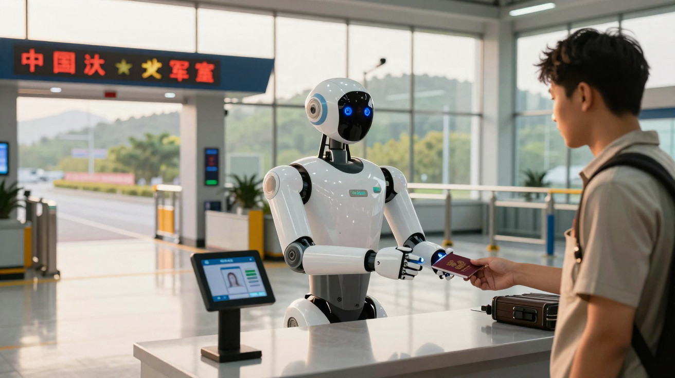 Robô com ecrã azul a verificar passaporte de jovem numa porta de controlo num aeroporto moderno.