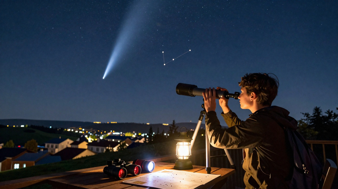 Jovem observa com telescópio uma estrela cadente no céu noturno sobre uma vila iluminada.