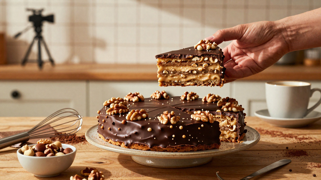 Bolo de camadas com cobertura de chocolate, nozes e granulado, fatia a ser levantada por uma mão numa cozinha.