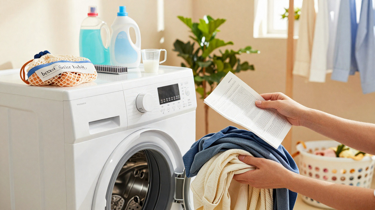 Máquina de lavar roupa branca com detergentes em cima e mãos a segurar roupa e papel.