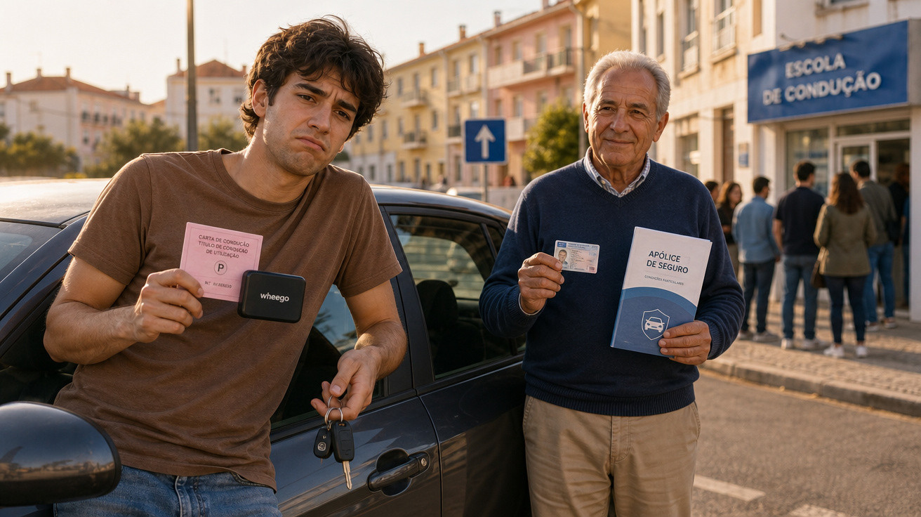 Dois homens seguram documentos relacionados com condução em frente a uma escola de condução, ao lado de um carro.