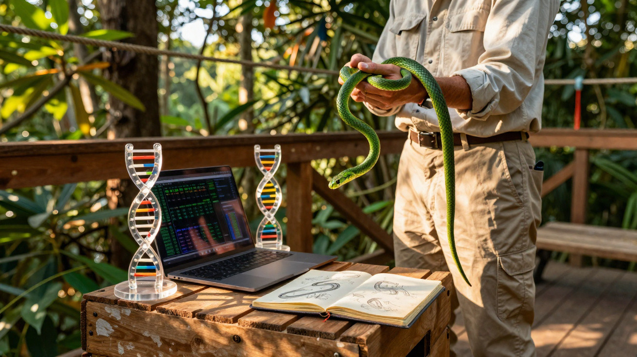 Pessoa em ambiente exterior segura cobra verde junto a computador e modelos de DNA numa mesa de madeira.