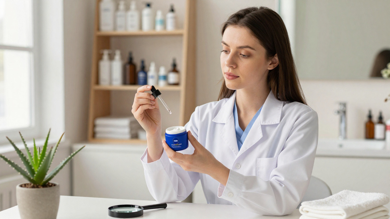 Mulher de bata branca a segurar frasco azul e conta-gotas com produtos de cosmética numa sala iluminada.