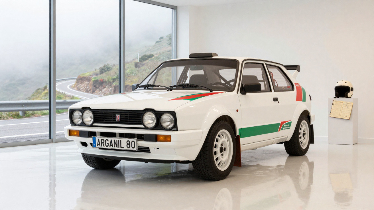 Carro de rali branco com decoração verde e vermelha, no interior de uma sala com janelas grandes.