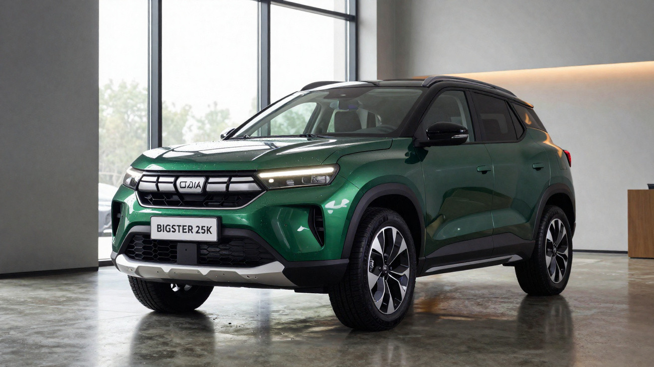SUV verde escuro Dacia Bigster 25K em exposição numa sala moderna com grandes janelas.
