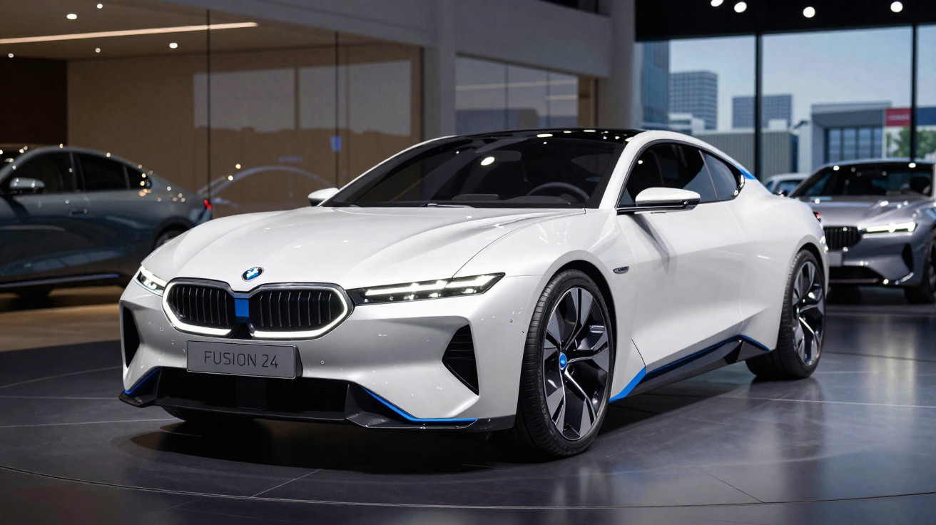 Carro desportivo elétrico branco BMW Fusion 24 em exposição num salão automóvel moderno.