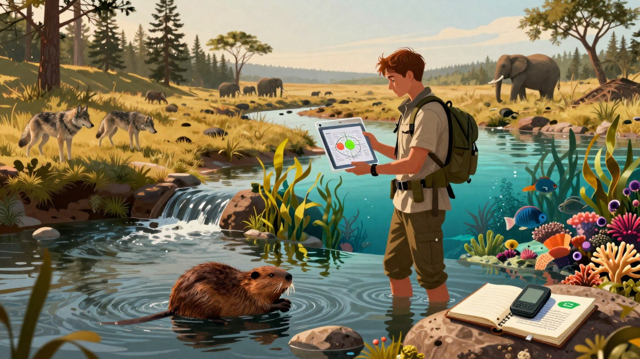 Homem com tablet estuda ambiente natural com animais selvagens junto a um rio em paisagem de floresta e savana.