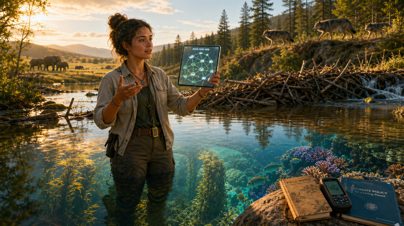 Mulher em água com tablet mostra rede alimentar, ao fundo elefantes e lobos numa paisagem natural.