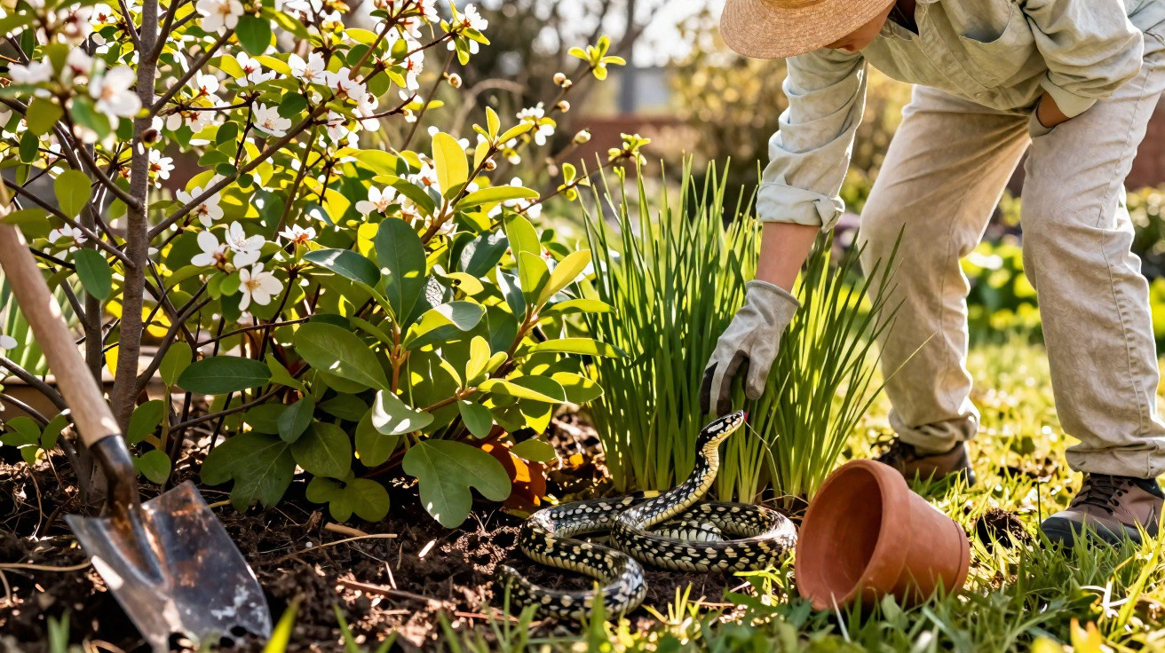 Pessoa a remover uma cobra do jardim com plantas e vaso de flores tombado no chão.