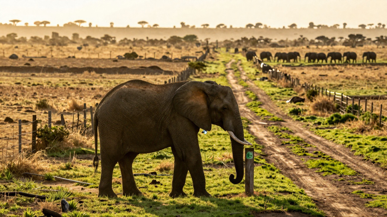 Elefante solitário em caminho de terra numa savana com outros elefantes ao fundo ao pôr do sol.