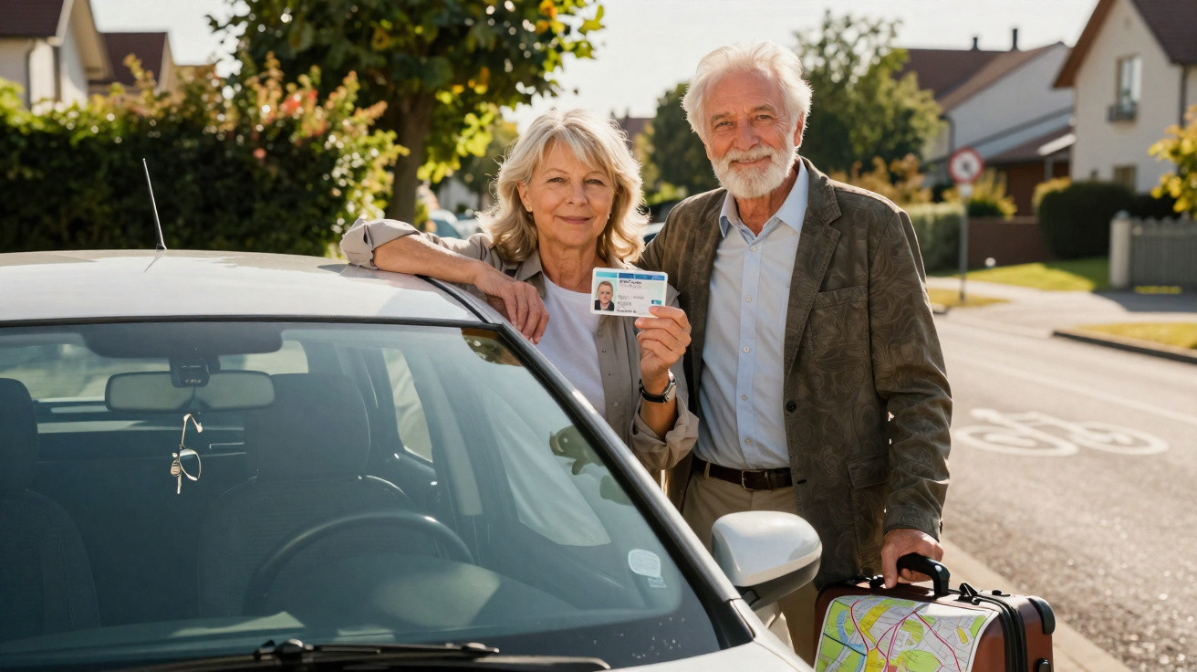 Casal sénior junto a um carro, mulher mostra carta de condução enquanto homem segura uma mala com mapa.
