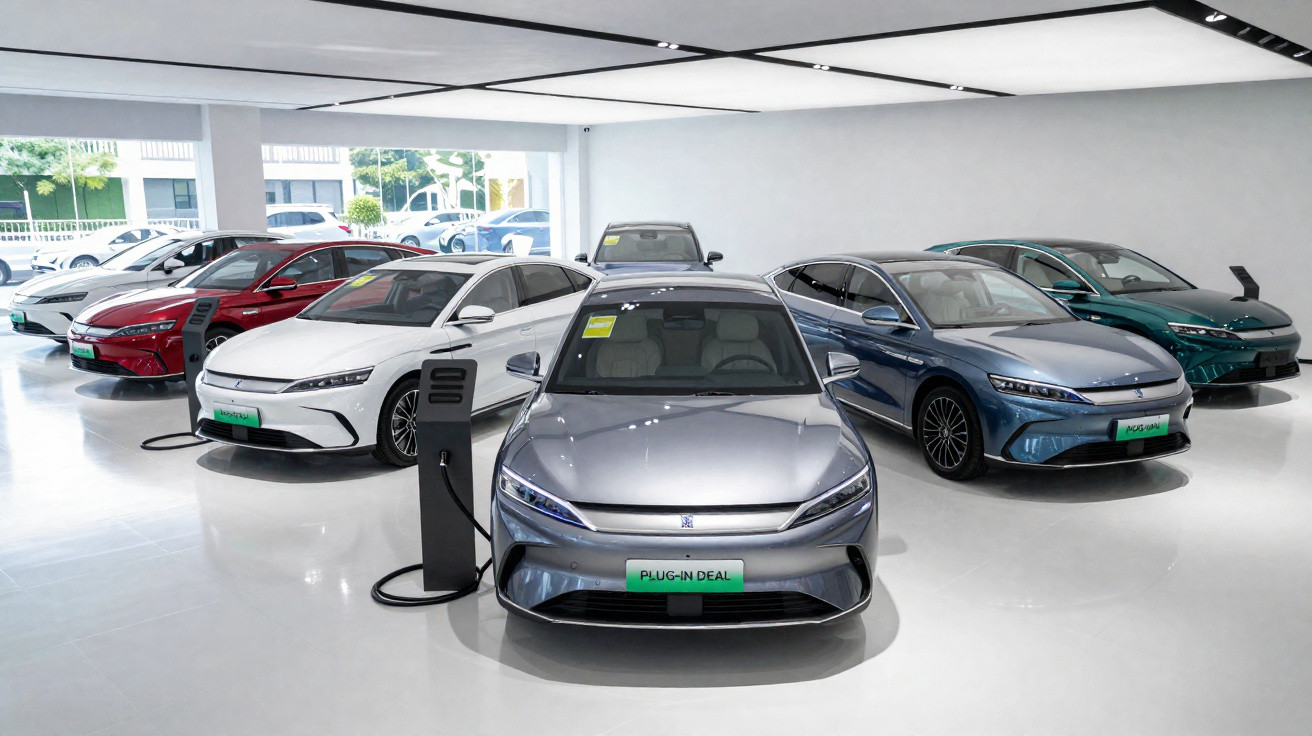 Vários carros elétricos modernos estacionados num showroom com pontos de carregamento a carregar.