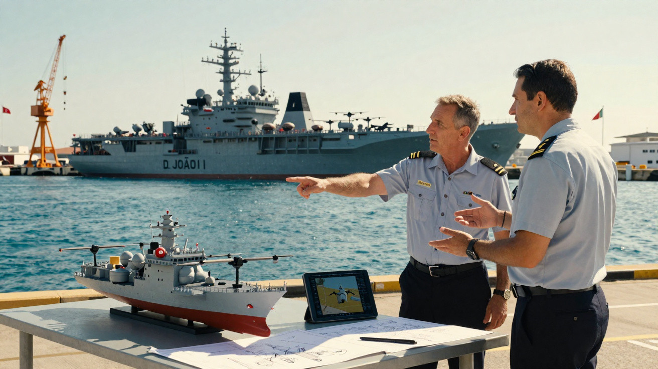 Dois marinheiros observam um modelo de navio de guerra em cais com navio D. João II ao fundo.