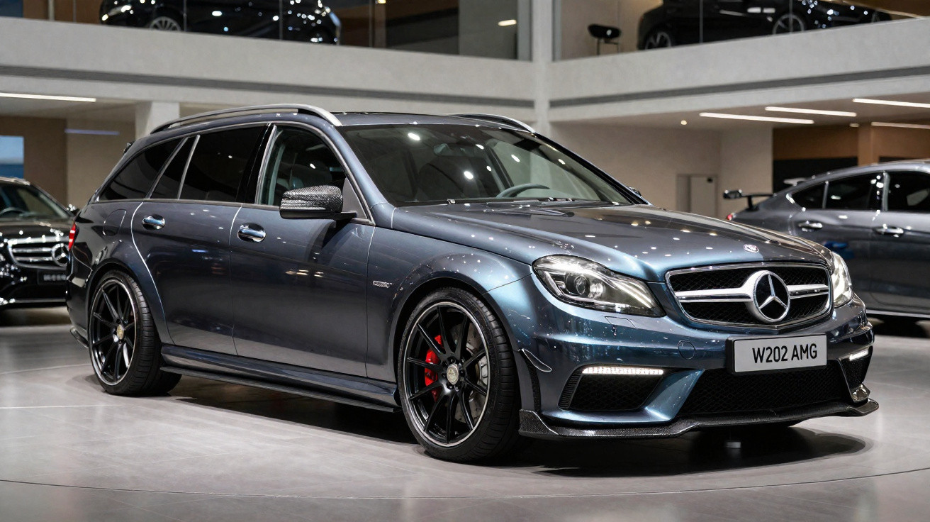 Carro Mercedes-Benz AMG W202 cinzento escuro estacionado em salão automóvel, visto de lado e frente.