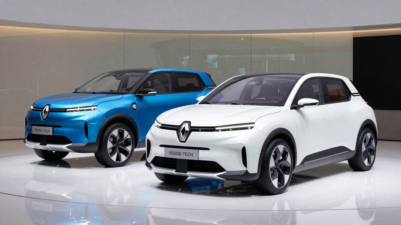 Dois carros elétricos Renault, modelo RS00E-Tech, um branco e outro azul, expostos num salão automóvel moderno.