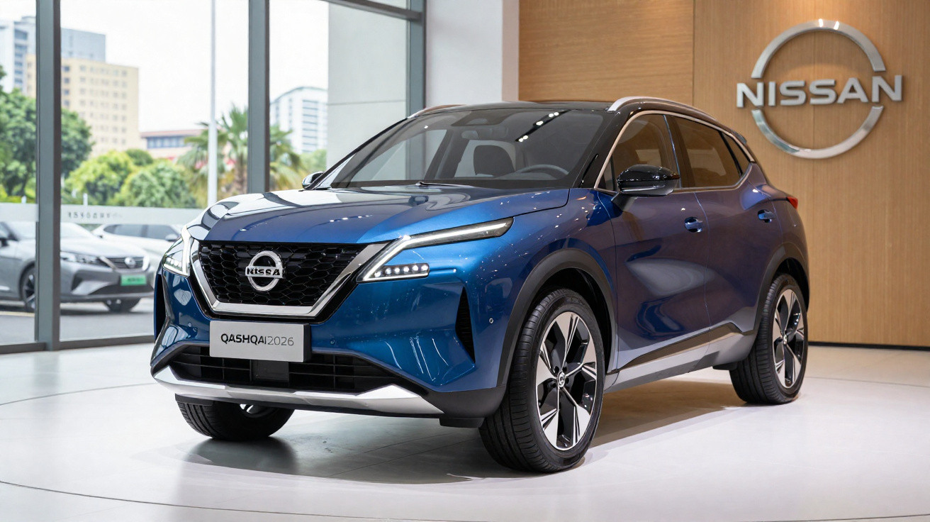 Carro Nissan Qashqai 2026 azul exposto numa sala de showroom moderna e iluminada.