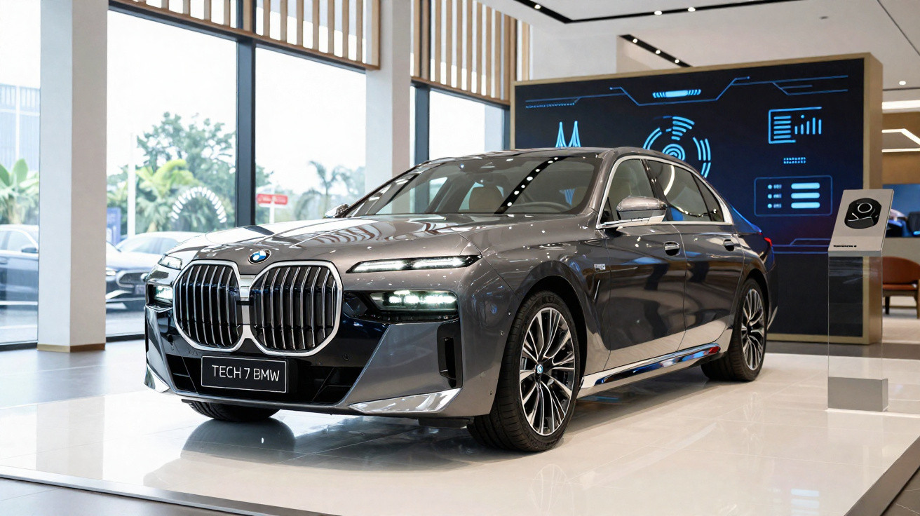 Carro BMW Tech 7 cinzento exposto num showroom moderno com grandes janelas e ecrã digital ao fundo.
