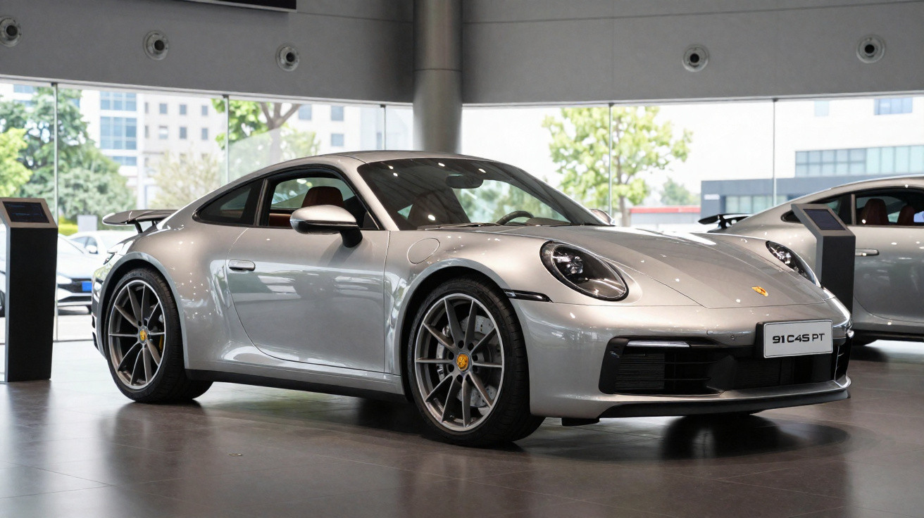 Carro desportivo Porsche cinzento exposto em showroom com iluminação interior suave e vidros grandes.