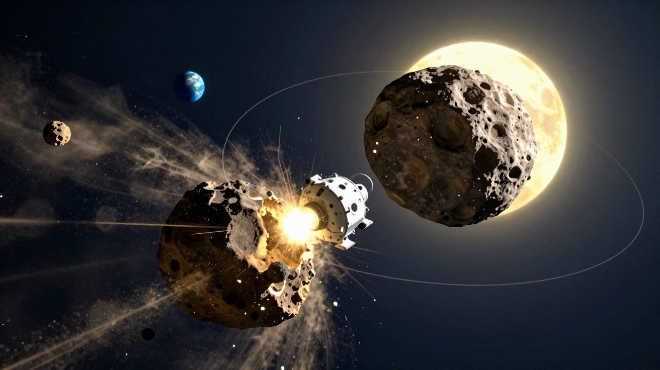 Explosão de uma nave espacial ao colidir com um asteroide na órbita da lua, com a Terra ao fundo.