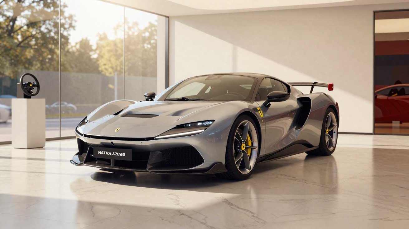 Carro desportivo cinza prata Ferrari Rastaj 2026 em exposição num espaço luminoso contemporâneo.