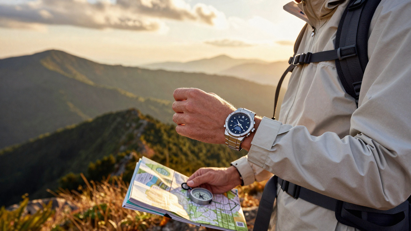 Pessoa com mochila segura mapa e bússola e verifica relógio numa caminhada em montanha ao pôr do sol.