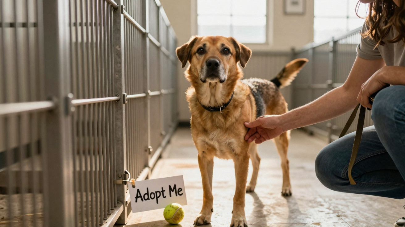 Cão castanho na proteção com placa "Adopt Me" e pessoa a acariciar-lhe o peito.