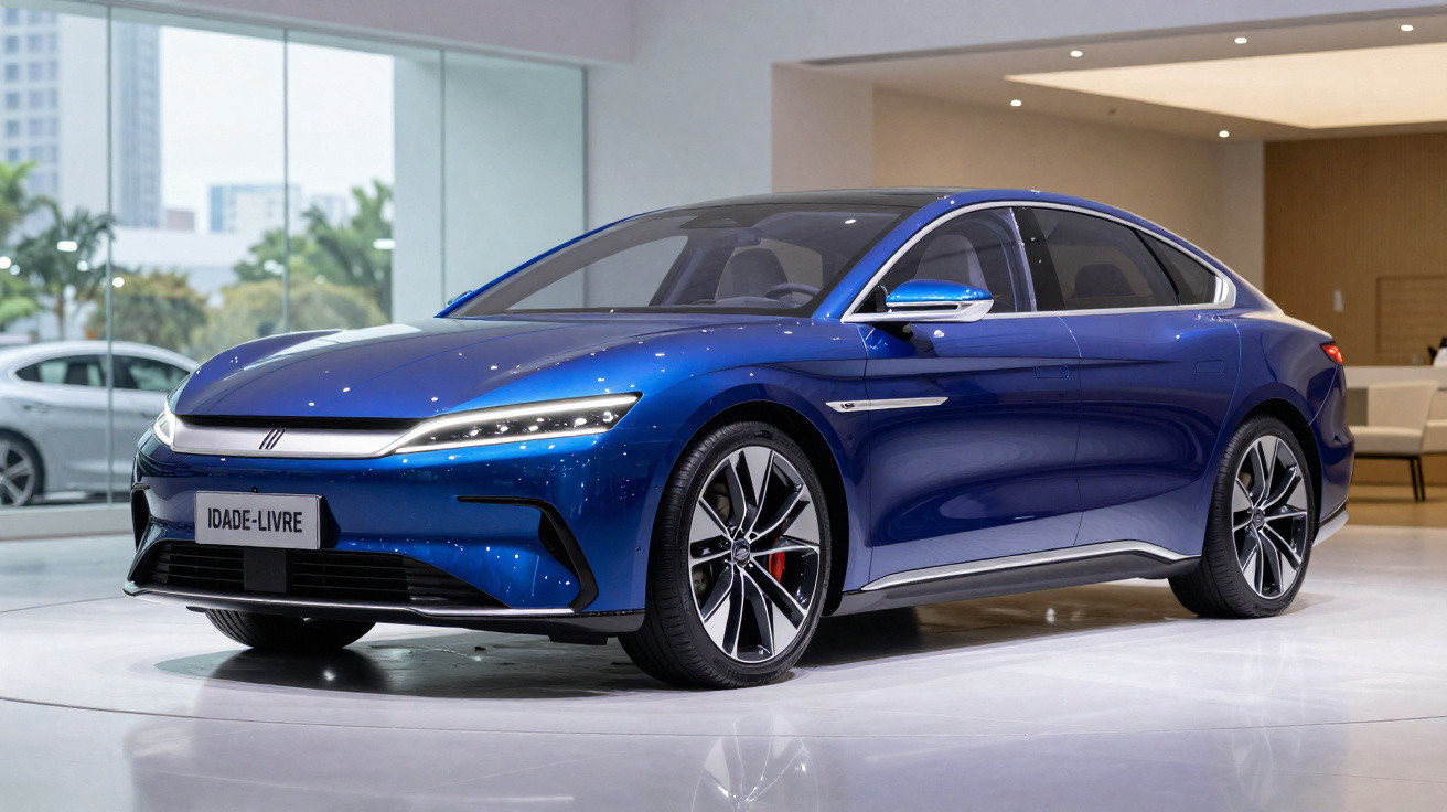 Carro elétrico desportivo azul metálico estacionado numa exposição moderna e iluminada.
