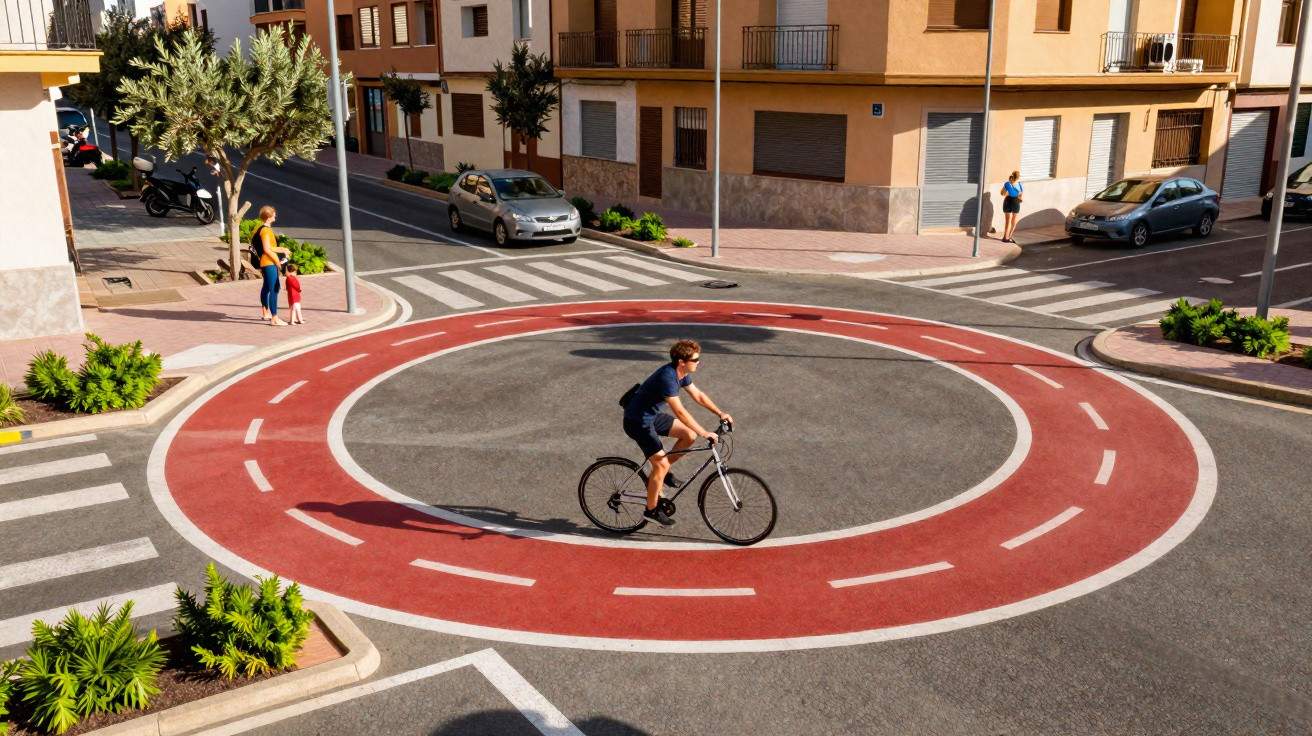 Homem de bicicleta circula numa rotunda vermelha com faixas brancas numa zona urbana pedonal.