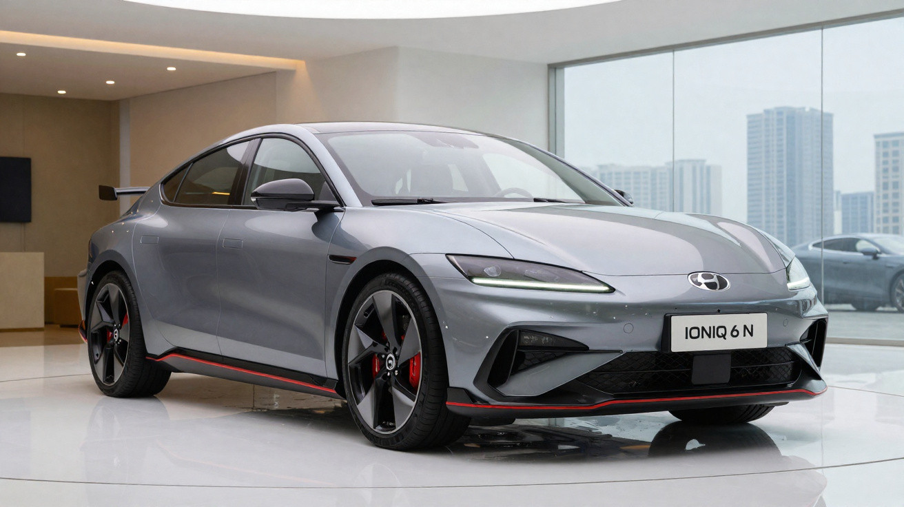 Carro desportivo elétrico cinza Hyundai Ioniq 6 N exibido numa sala moderna com janelas amplas.