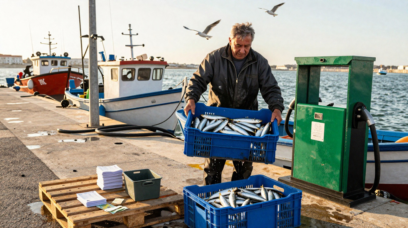 Homem a descarregar caixas de peixe fresco num cais junto a barcos de pesca ao amanhecer.