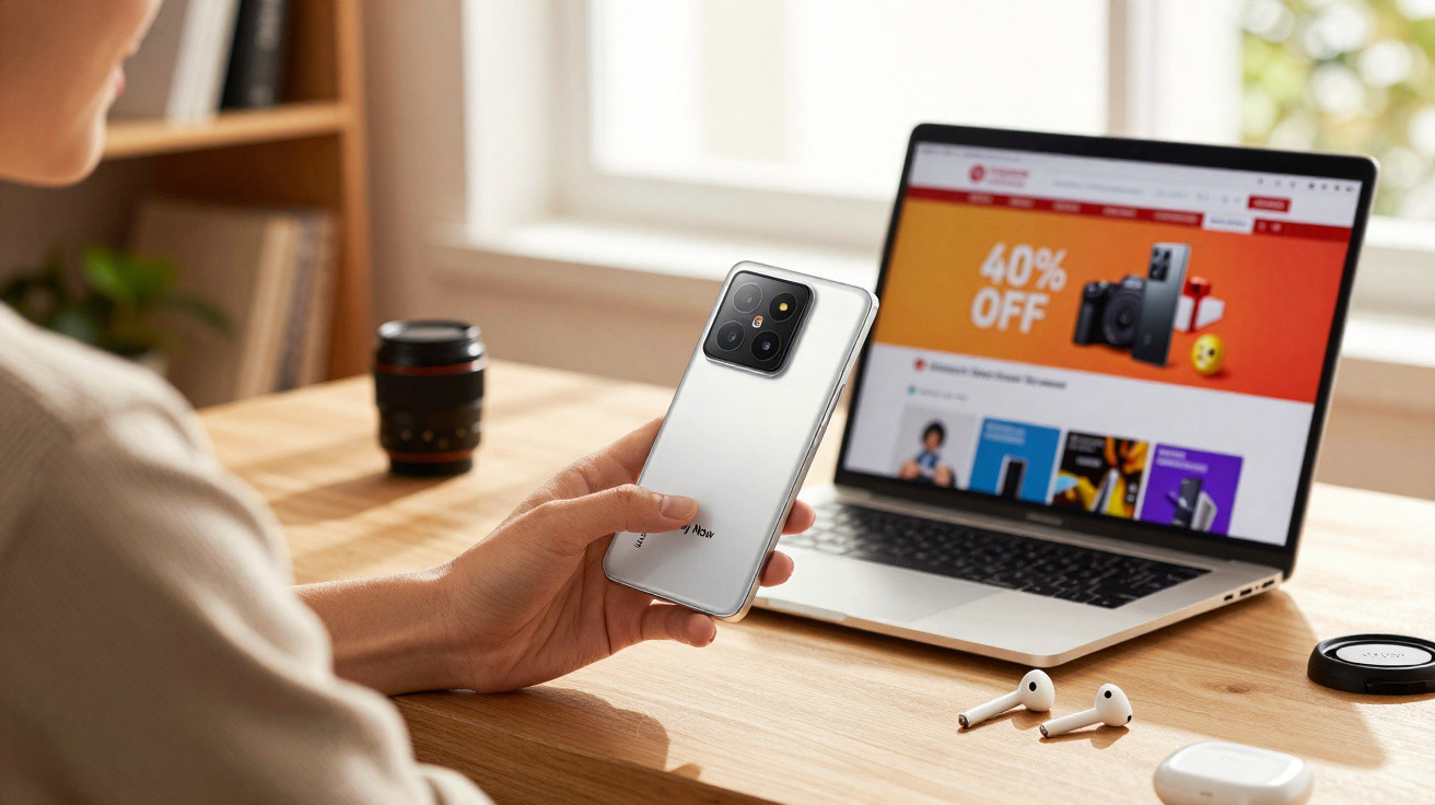 Pessoa a segurar um smartphone junto a um portátil aberto com promoção de 40% de desconto na ecrã.