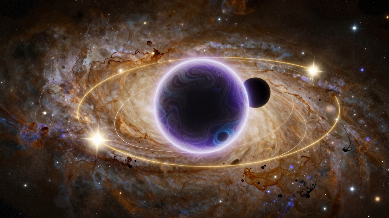 Planeta roxo brilhante com duas luas orbitando numa galáxia espiral iluminada por estrelas.
