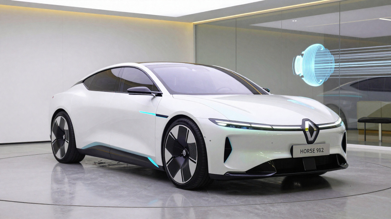 Carro elétrico branco futurista Renault Horse 982 em exposição num ambiente moderno e minimalista.