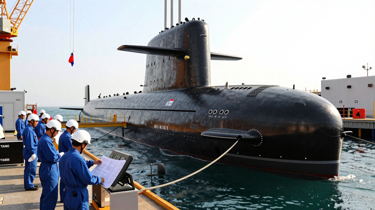 Submarino negro ancorado em doca com tripulação de pessoas de azul e capacetes brancos a analisar documentos.