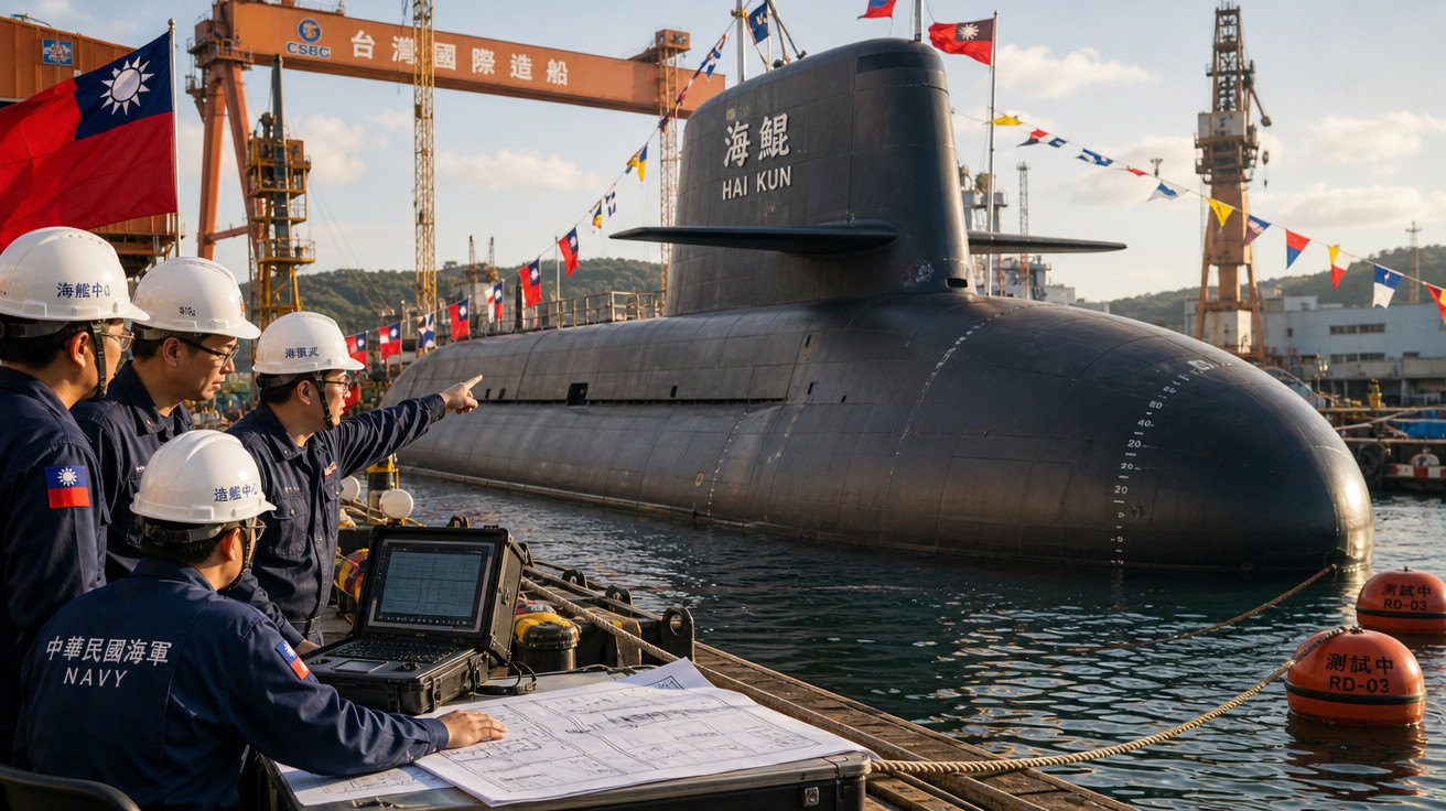 Submarino preto HAI KUN no estaleiro com cinco militares taiwaneses de capacete e uniforme azul da marinha.
