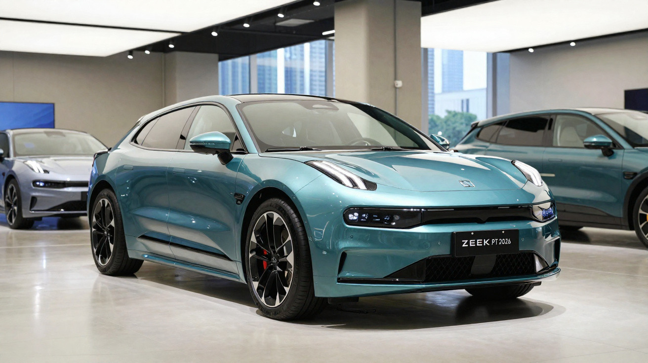 Carro elétrico azul moderno ZEEK PT 2026 em exposição numa sala com iluminação branca.