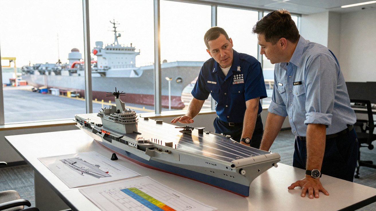 Dois homens em uniforme naval discutem modelo de porta-aviões numa sala com vista para o porto.